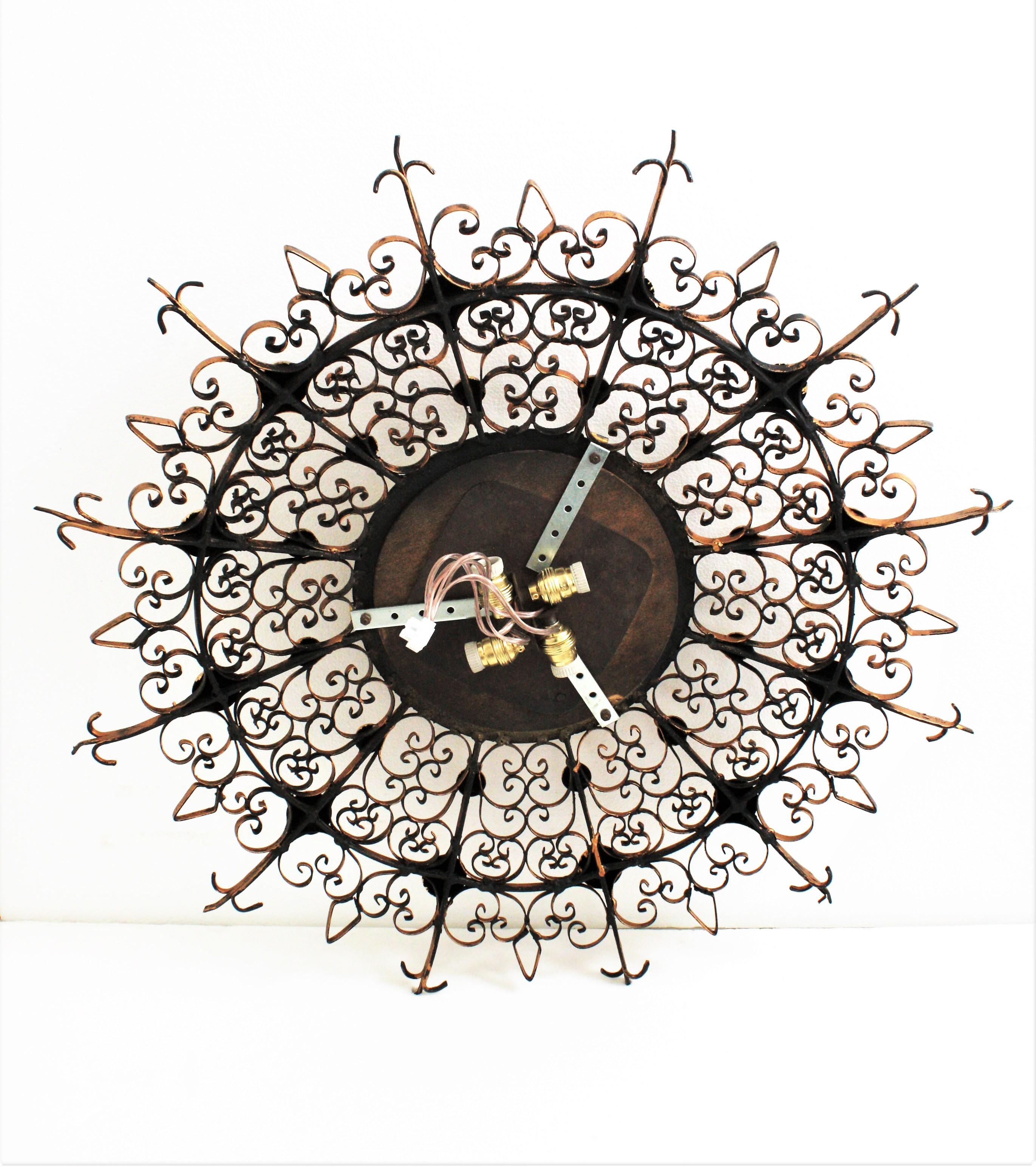 Scrollwork Sunburst Mirror / Backlit Mirror with Convex Glass, 1940s For Sale 7