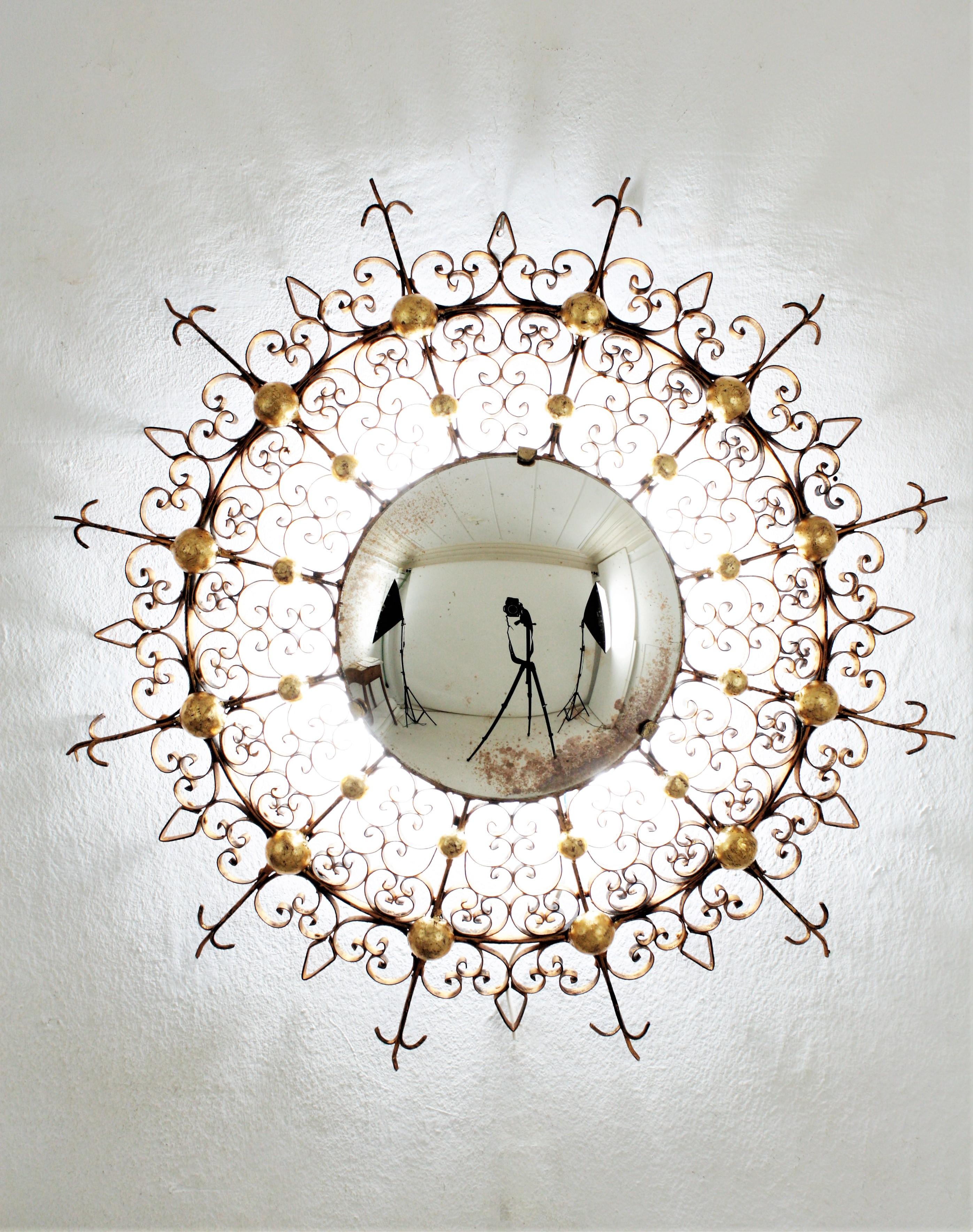 French Sunburst Convex Mirror in Iron with Scrollwork Frame For Sale