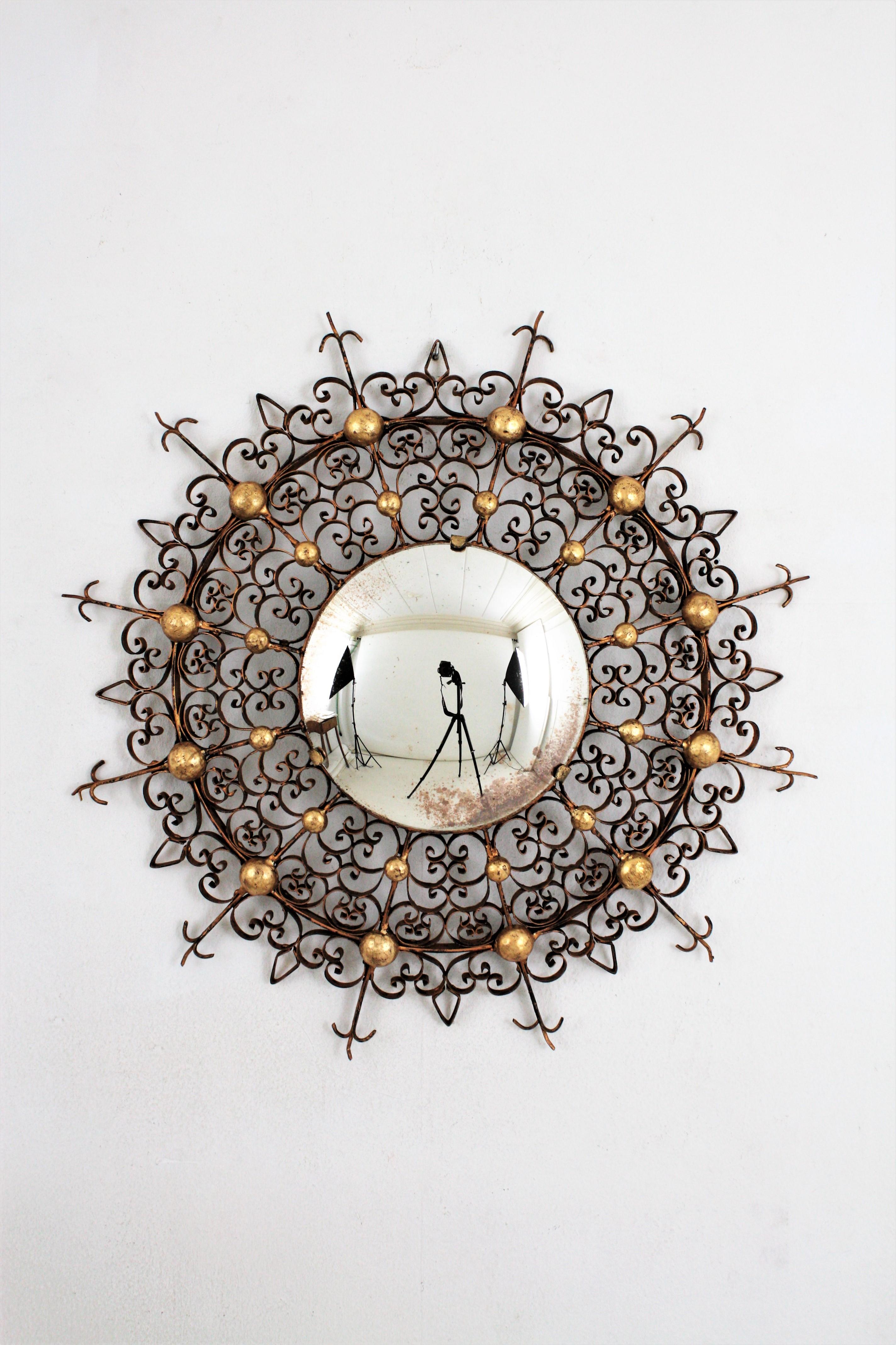 Scrollwork Sunburst Mirror / Backlit Mirror with Convex Glass, 1940s In Good Condition For Sale In Barcelona, ES