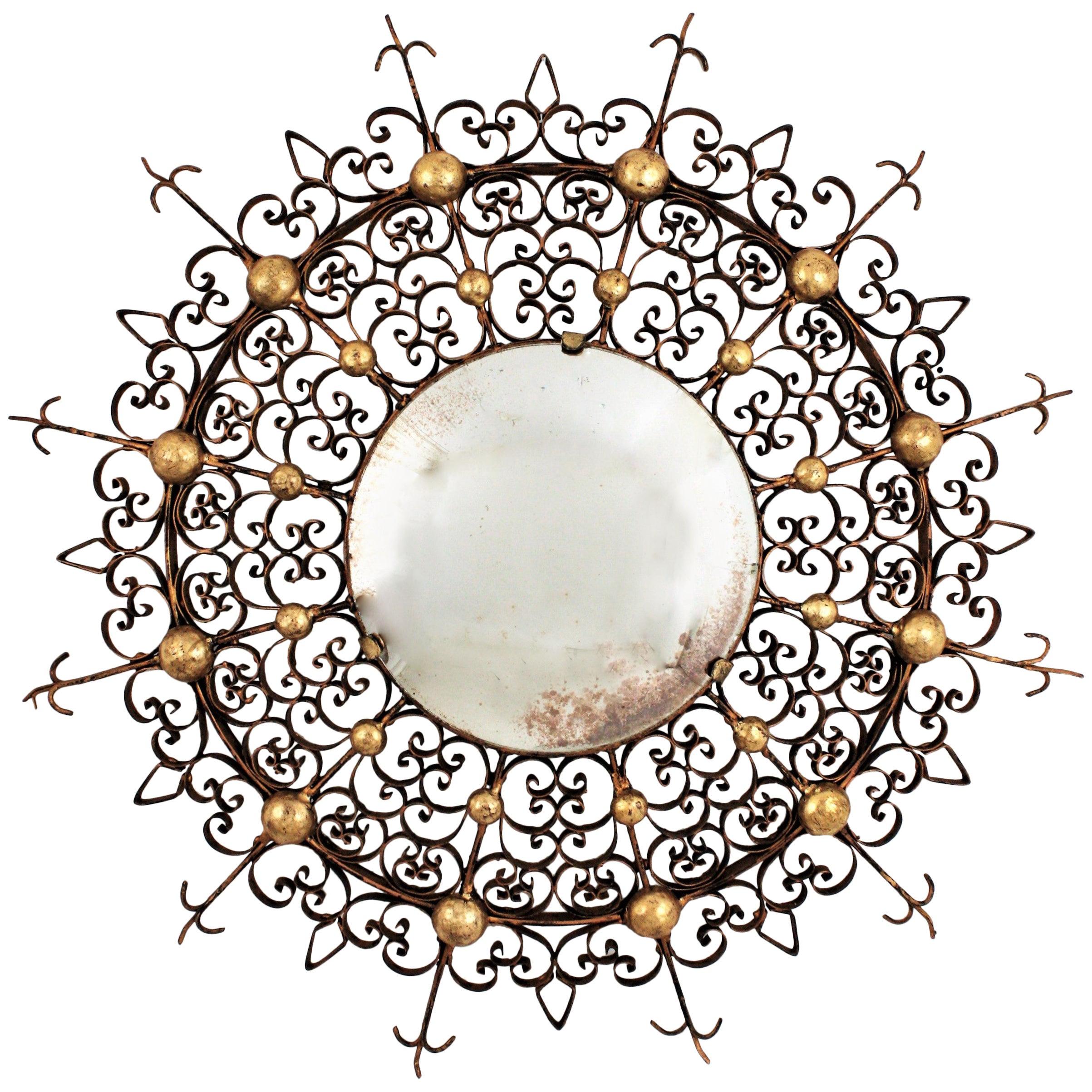 Scrollwork Sunburst Mirror / Hinterleuchteter Spiegel mit konvexem Glas, 1940er Jahre