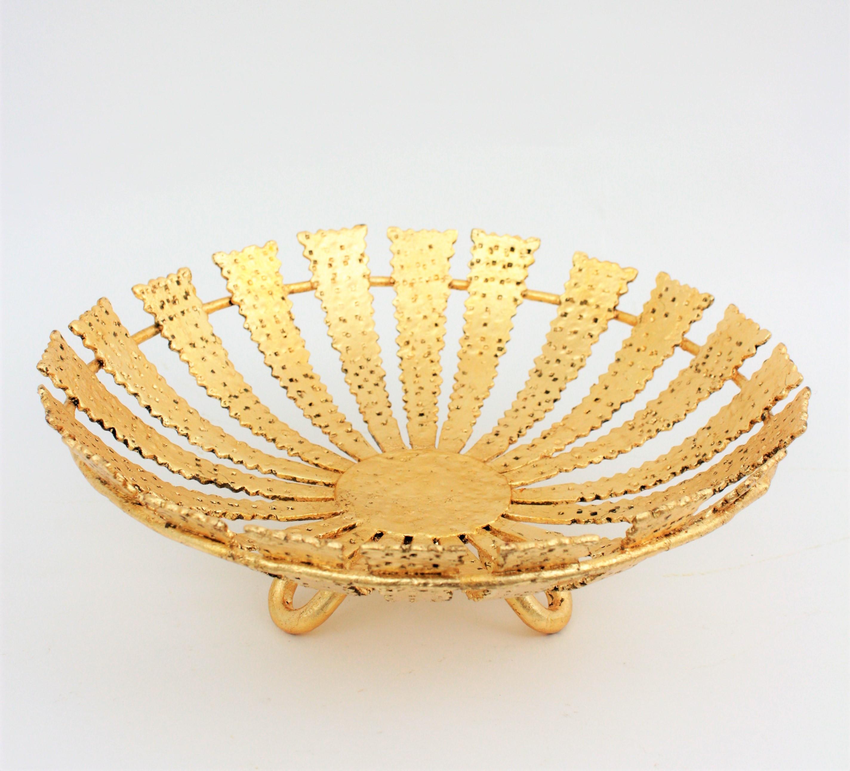 Gold Leaf Sunburst Centerpiece or Footed Fruit Bowl in Gilt Wrought Iron  For Sale