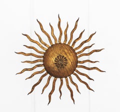 Gilt Iron Sunburst Curly Ceiling Light Fixture / Chandelier, France, 1950s