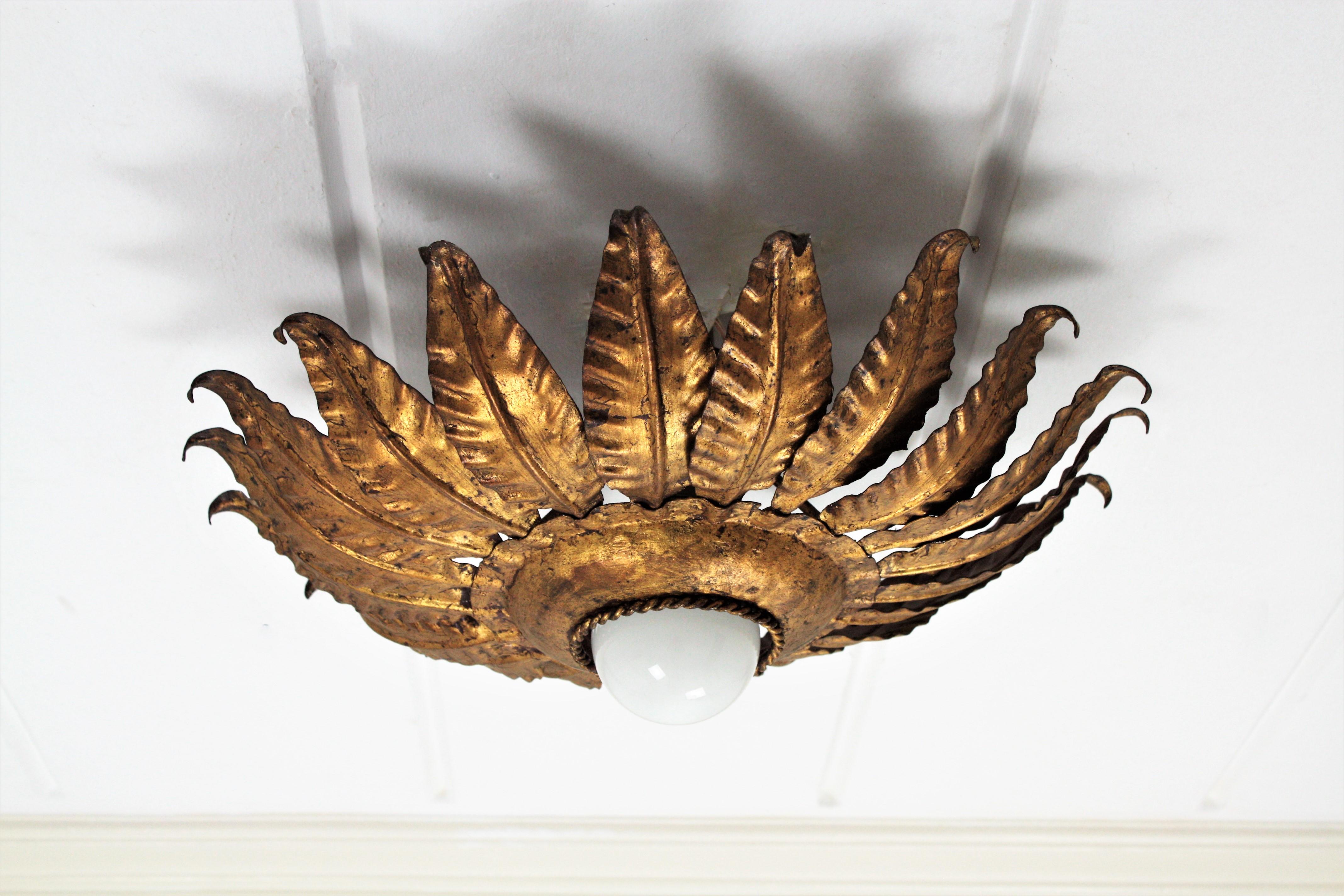 Spanish Sunburst Flower Light Fixture in Gilt Iron, 1950s For Sale 4