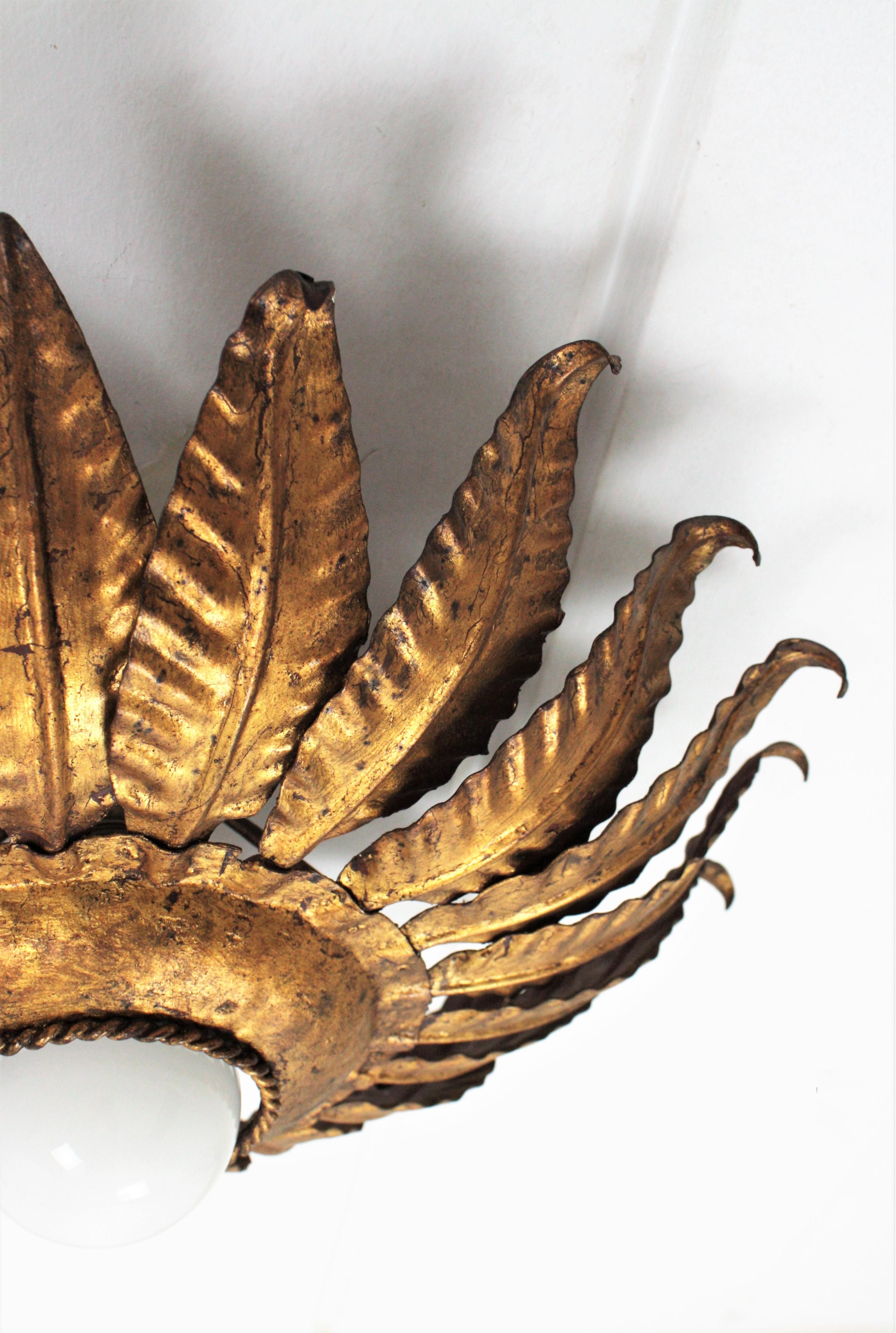 Spanish Sunburst Flower Light Fixture in Gilt Iron, 1950s For Sale 6