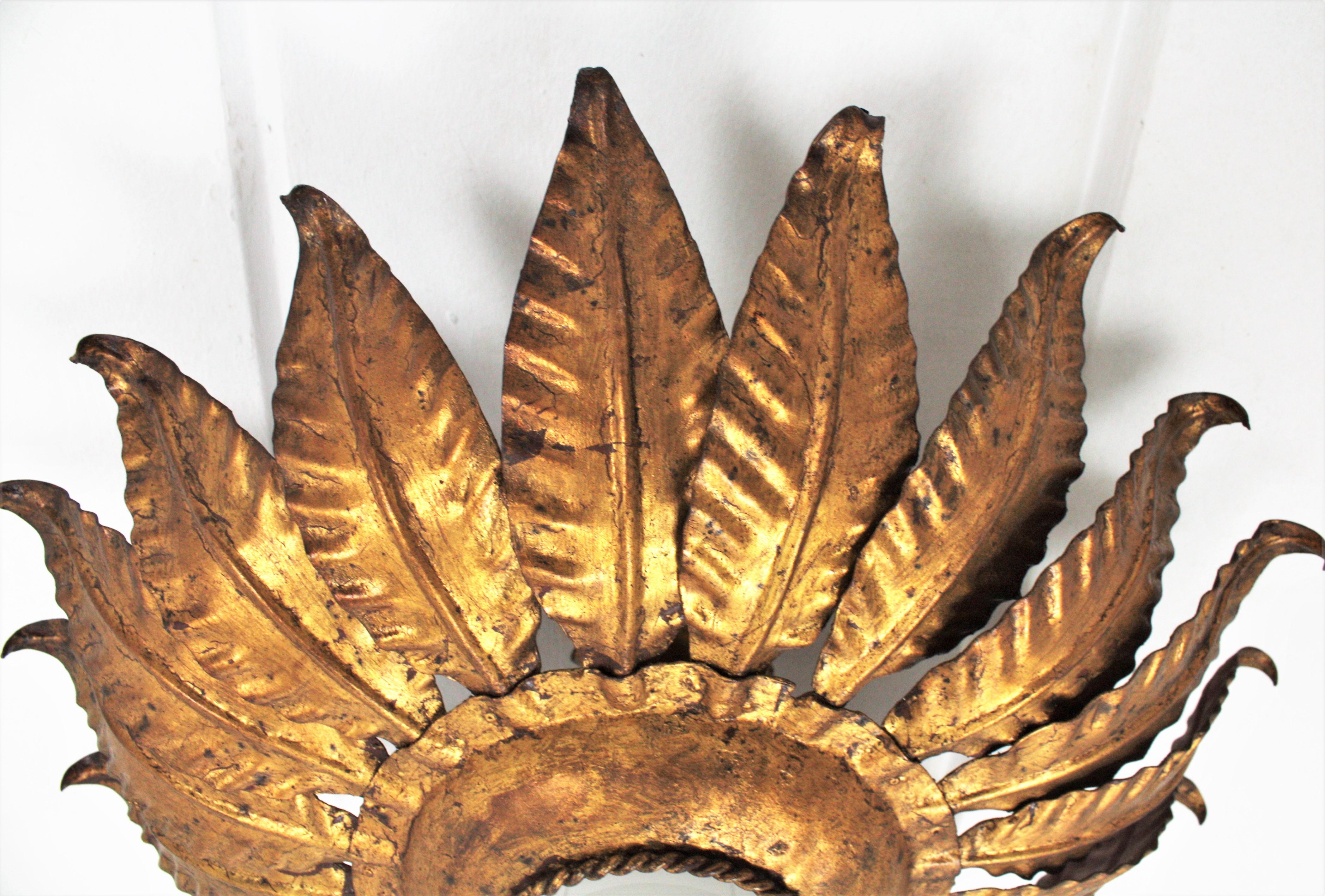 Spanish Sunburst Flower Light Fixture in Gilt Iron, 1950s For Sale 7