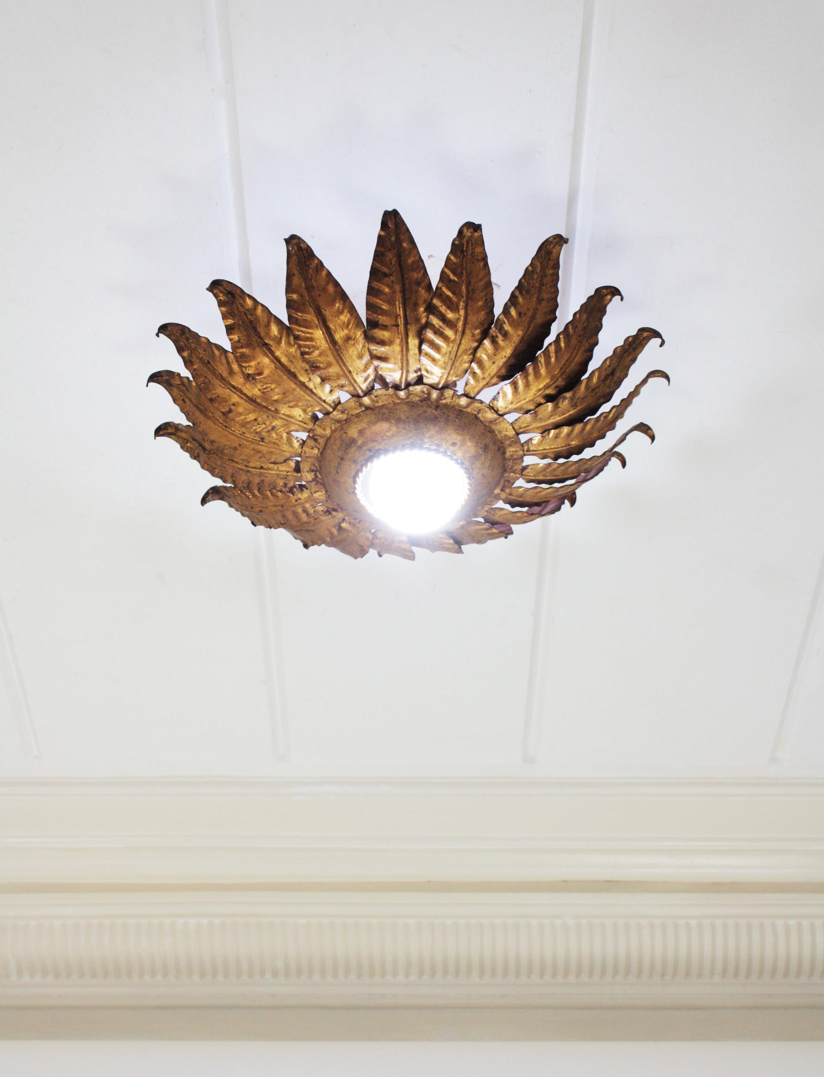 Metal Spanish Sunburst Flower Light Fixture in Gilt Iron, 1950s For Sale