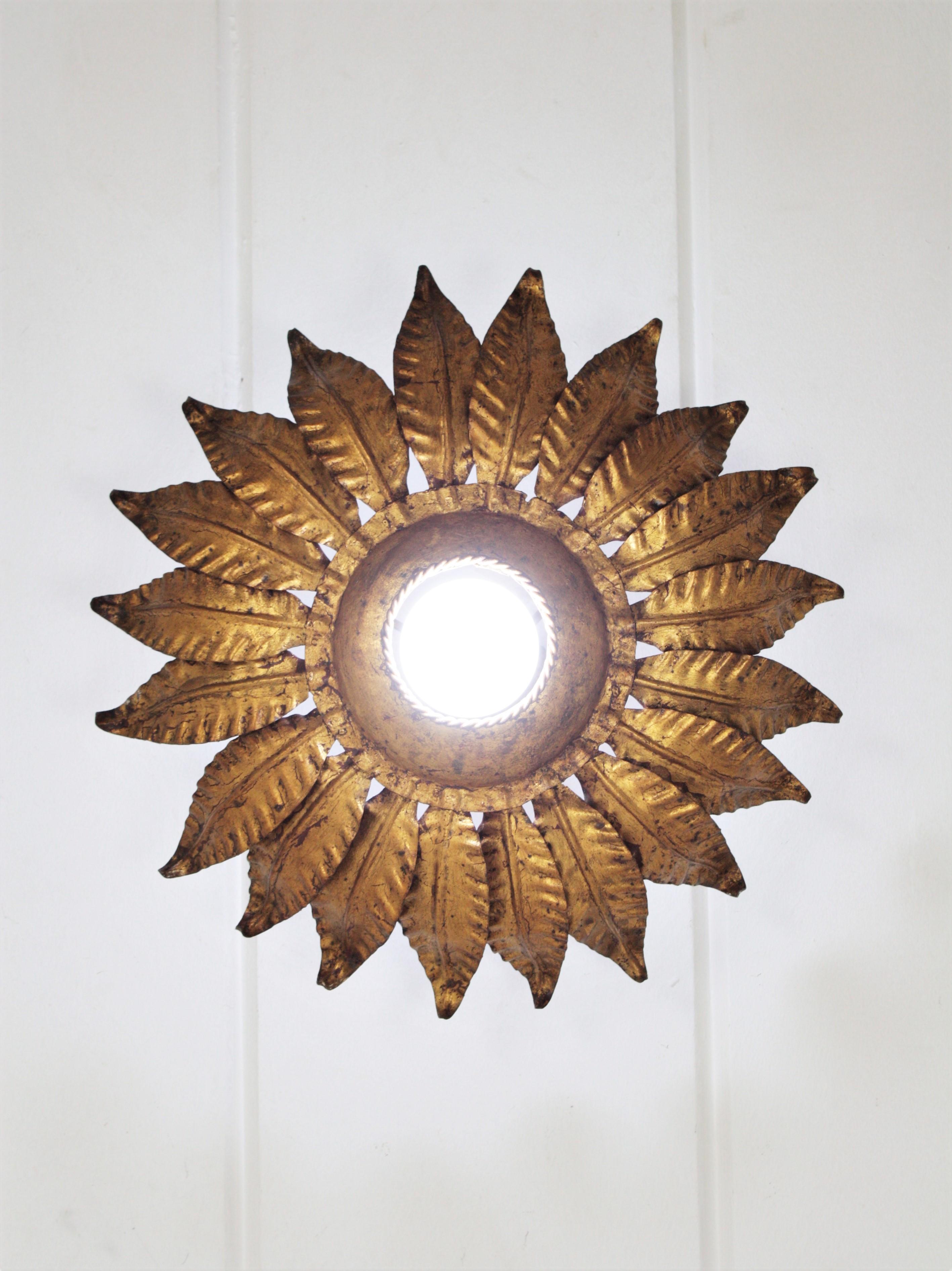 Spanish Sunburst Flower Light Fixture in Gilt Iron, 1950s For Sale 2