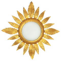 Gilt Iron Sunburst Leafed Light Fixture with Milk Glass Shade, France, 1950s