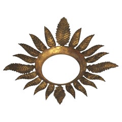 Gilt Iron Sunburst Leafed Light Fixture with Milk Glass Shade, France, 1950s