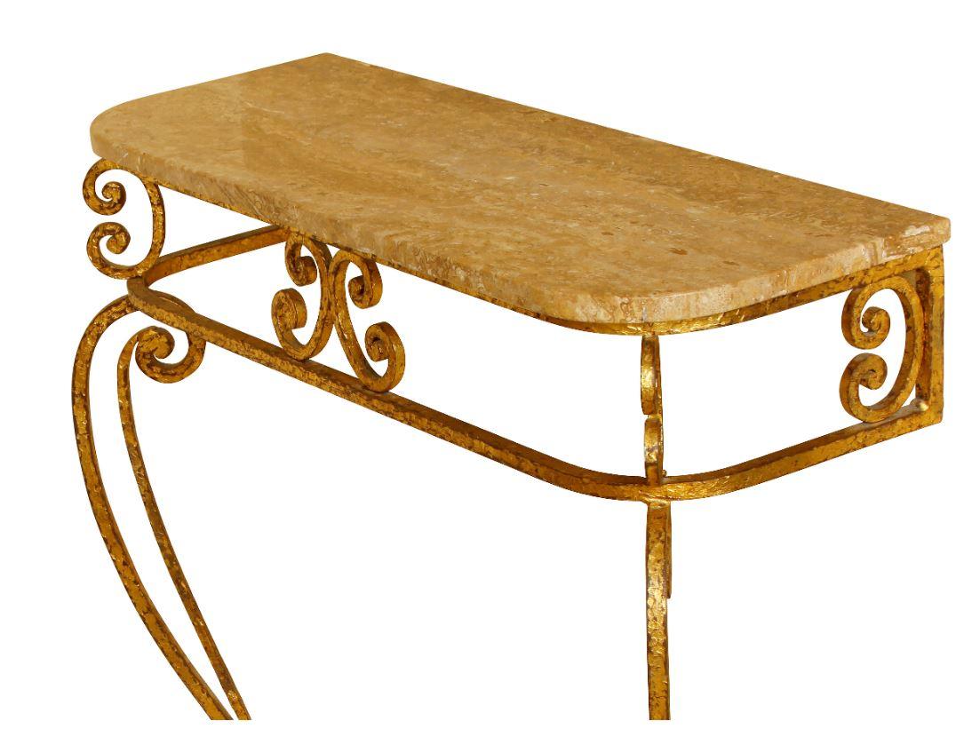 Gilt iron wall-mounted console with marble top.