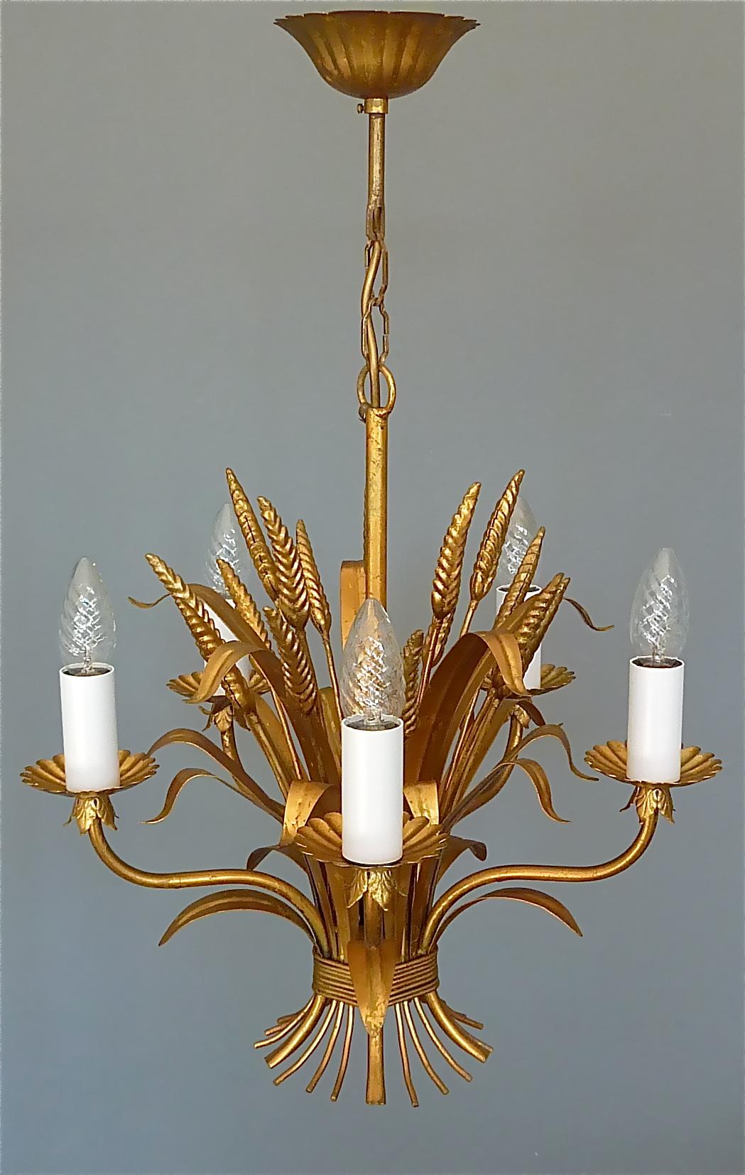 Gilt Italian Floral Sheaf of Wheat Five-Light Chandelier Coco Chanel Style, Kögl For Sale 4