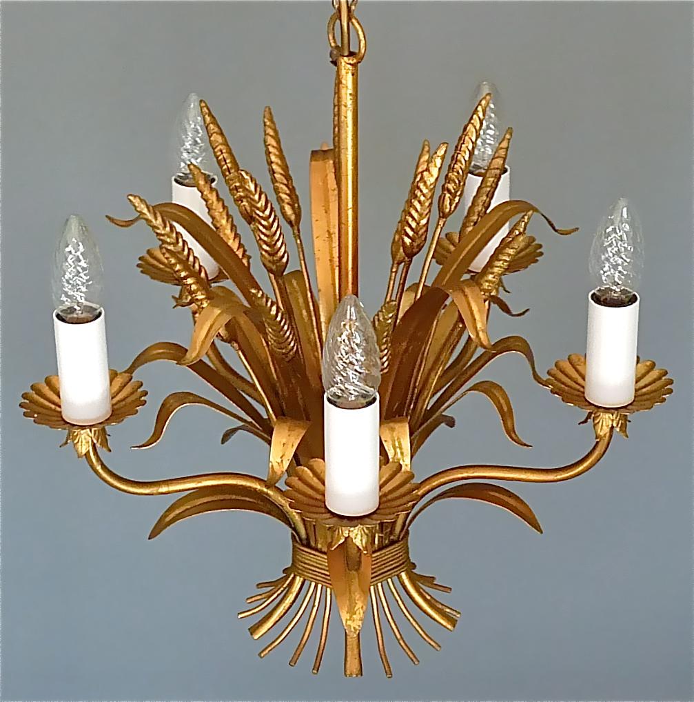 Gilt Italian Floral Sheaf of Wheat Five-Light Chandelier Coco Chanel Style, Kögl For Sale 5
