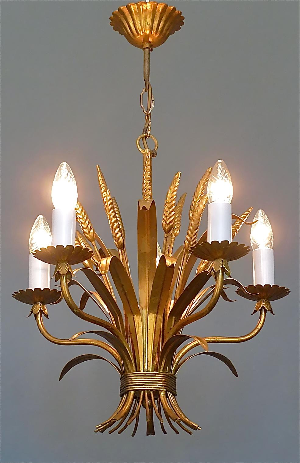 Gilt Italian Floral Sheaf of Wheat Five-Light Chandelier Coco Chanel Style, Kögl For Sale 8