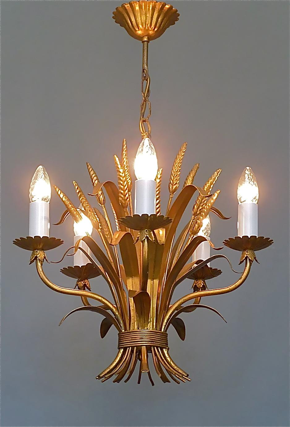 Gilt Italian Floral Sheaf of Wheat Five-Light Chandelier Coco Chanel Style, Kögl For Sale 9