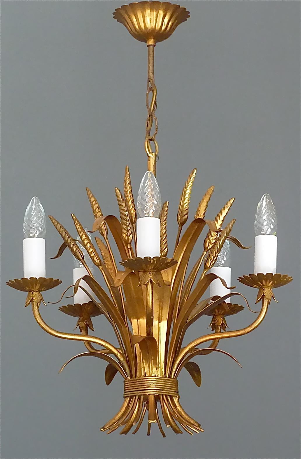 Gilt Italian Floral Sheaf of Wheat Five-Light Chandelier Coco Chanel Style, Kögl For Sale 10