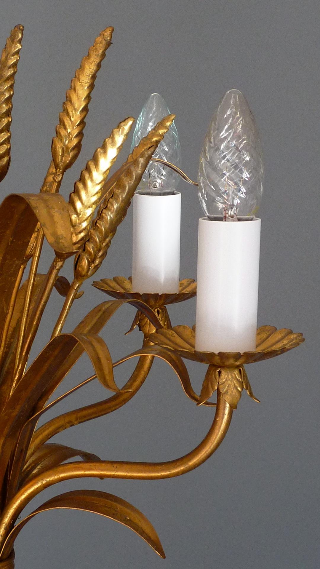 Mid-20th Century Gilt Italian Floral Sheaf of Wheat Five-Light Chandelier Coco Chanel Style, Kögl For Sale