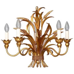 Vintage Gilt Italian Floral Sheaf of Wheat Five-Light Chandelier Coco Chanel Style, Kögl