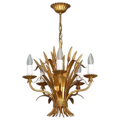 Retro Gilt Italian Floral Sheaf of Wheat Five-Light Chandelier Coco Chanel Style, Kögl