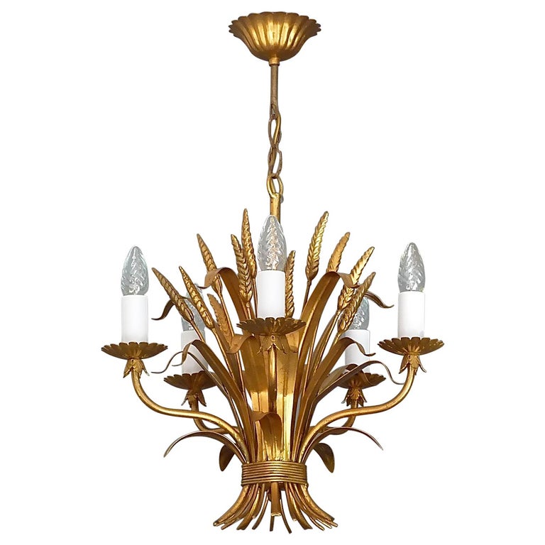 Gilt Italian Floral Sheaf of Wheat Five-Light Chandelier Coco Chanel Style,  Kögl For Sale at 1stDibs