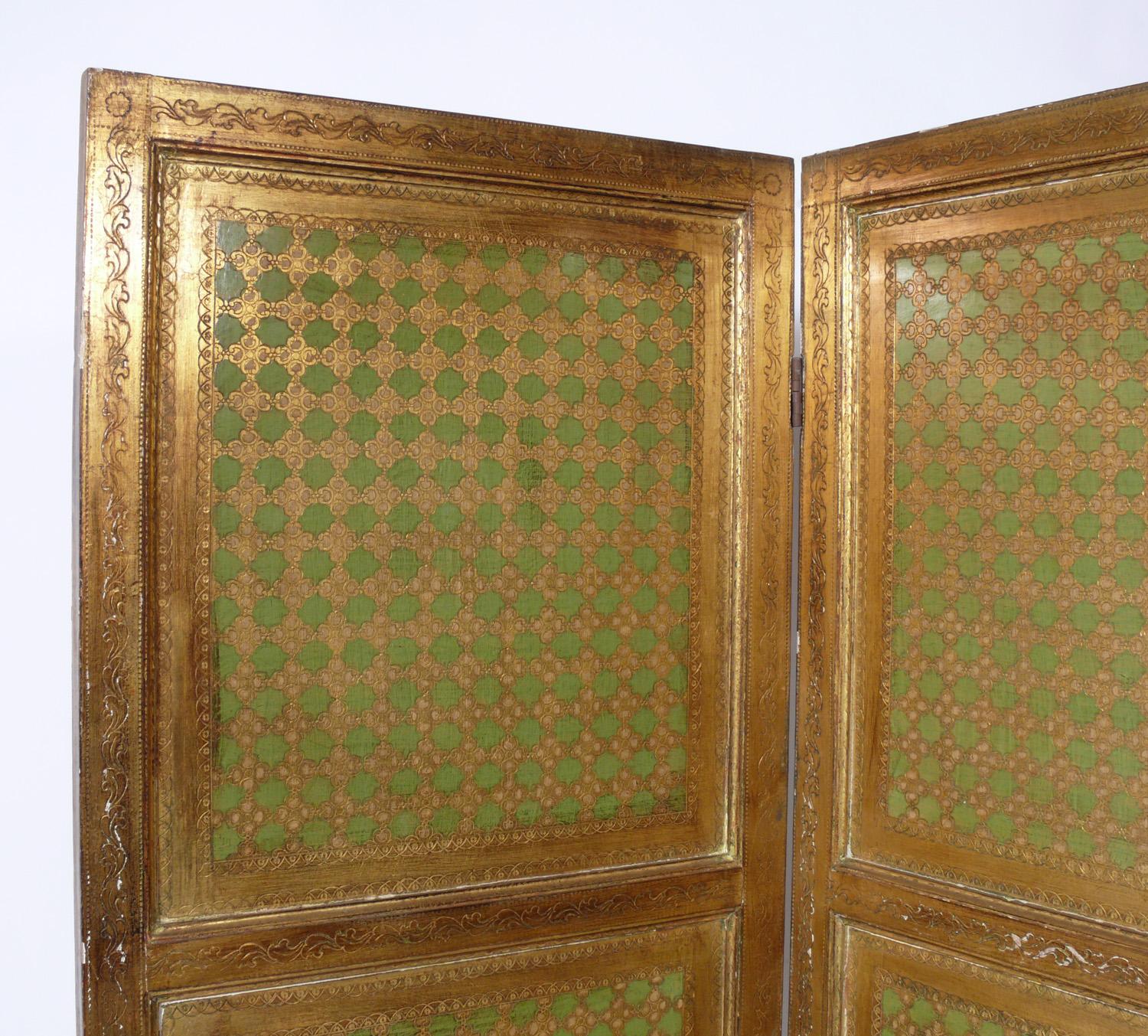 Gilt Italian Florentine folding screen or room divider, Italy, circa 1950s. We have also seen designers use these as headboards and they look great as well.