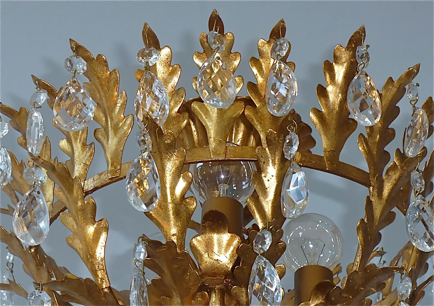 Gilt Italian Leaf Flush Mount Chandelier Crystal Glass Kogl Jansen Style 1950s 4