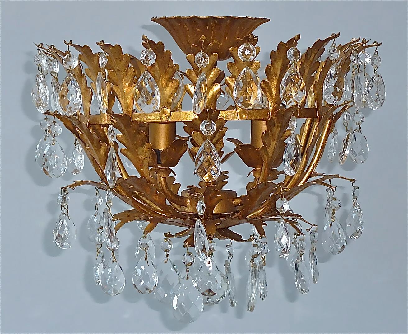Gilt Italian Leaf Flush Mount Chandelier Crystal Glass Kogl Jansen Style 1950s 5