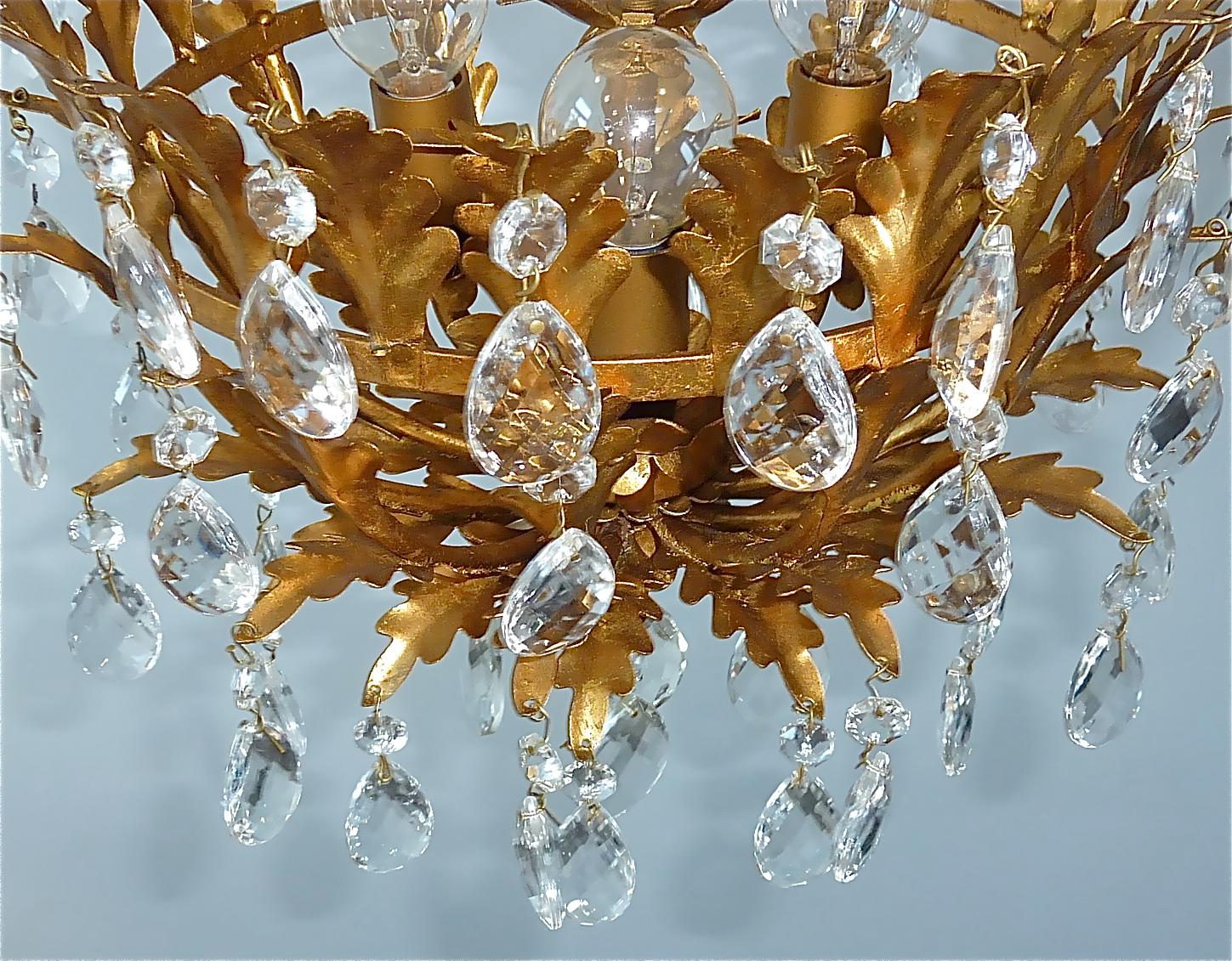 Gilt Italian Leaf Flush Mount Chandelier Crystal Glass Kogl Jansen Style 1950s 6