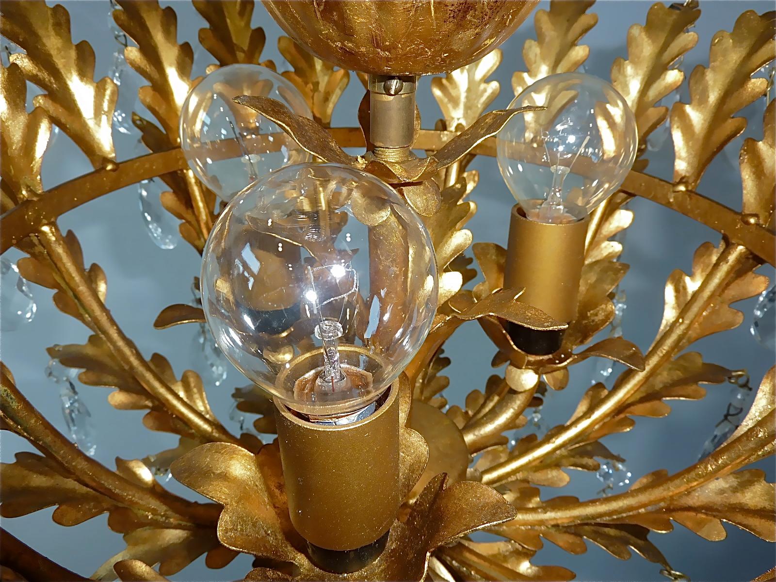 Gilt Italian Leaf Flush Mount Chandelier Crystal Glass Kogl Jansen Style 1950s 7
