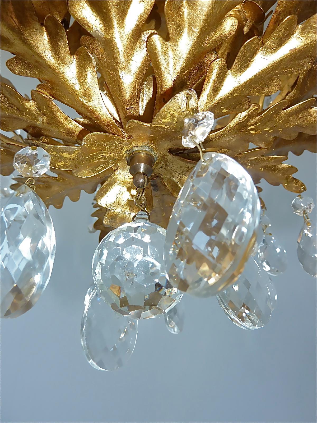 Gilt Italian Leaf Flush Mount Chandelier Crystal Glass Kogl Jansen Style 1950s 8