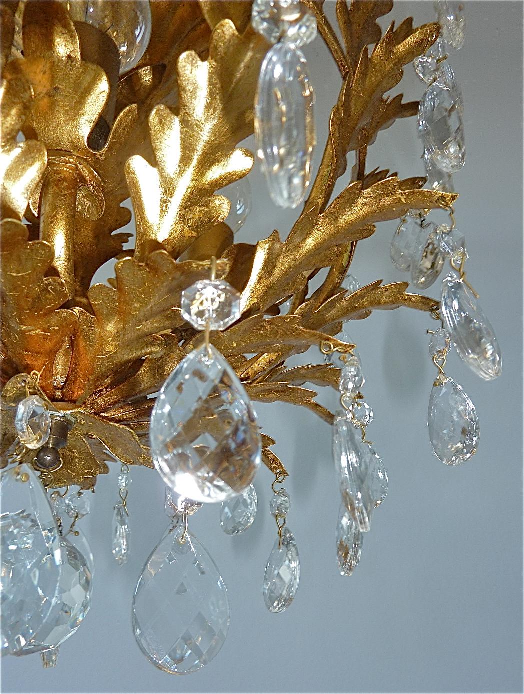 Gilt Italian Leaf Flush Mount Chandelier Crystal Glass Kogl Jansen Style 1950s 9