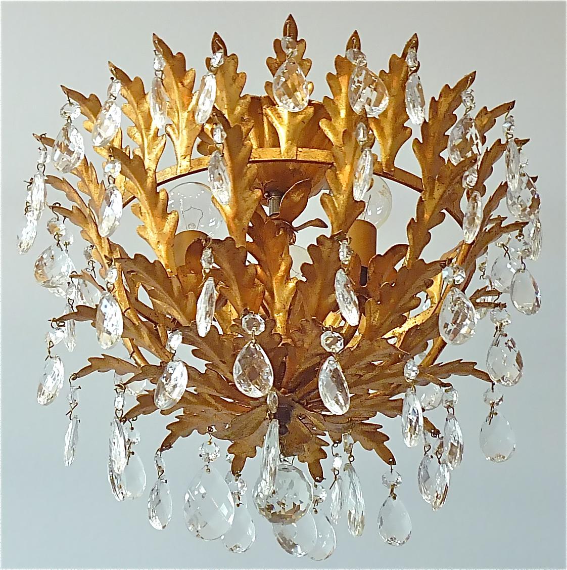 Gilt Italian Leaf Flush Mount Chandelier Crystal Glass Kogl Jansen Style 1950s 10