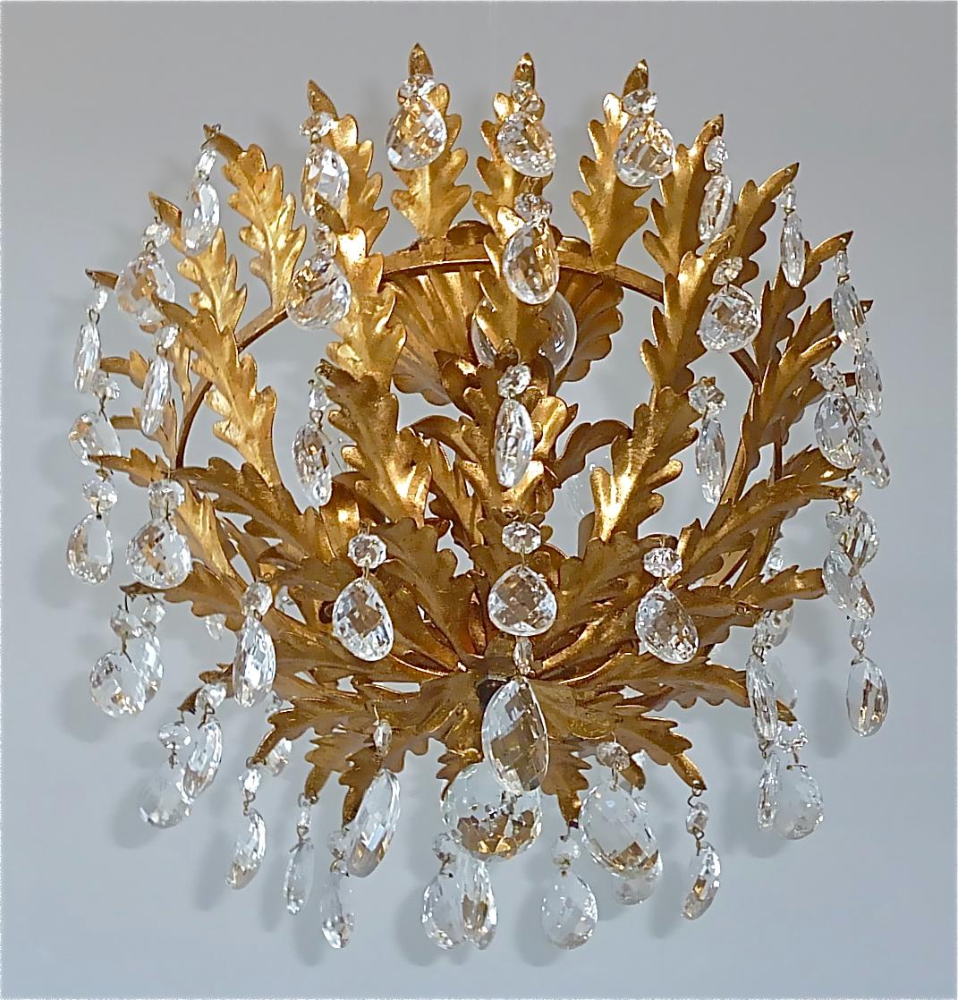Gilt Italian Leaf Flush Mount Chandelier Crystal Glass Kogl Jansen Style 1950s 11