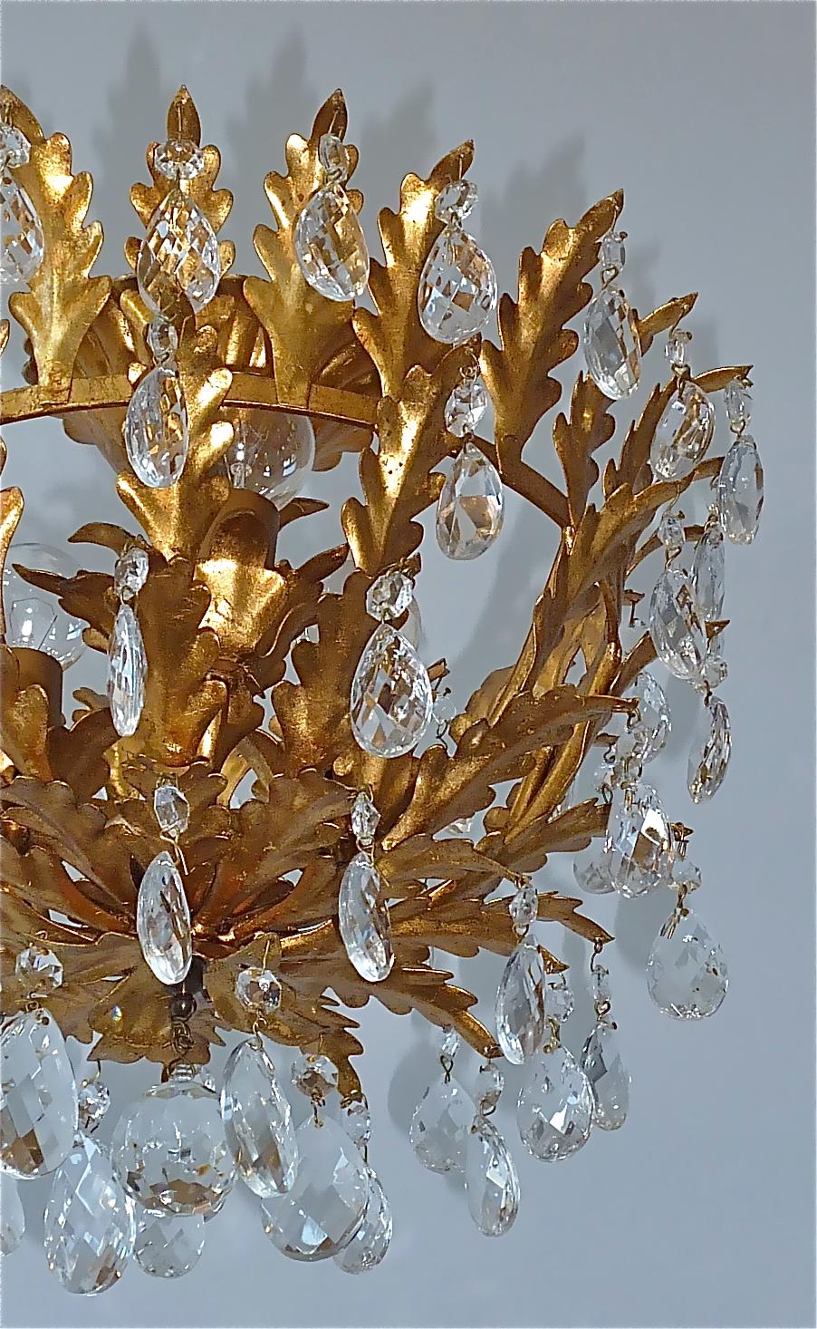Mid-20th Century Gilt Italian Leaf Flush Mount Chandelier Crystal Glass Kogl Jansen Style 1950s