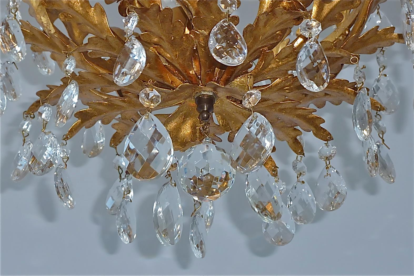 Metal Gilt Italian Leaf Flush Mount Chandelier Crystal Glass Kogl Jansen Style 1950s