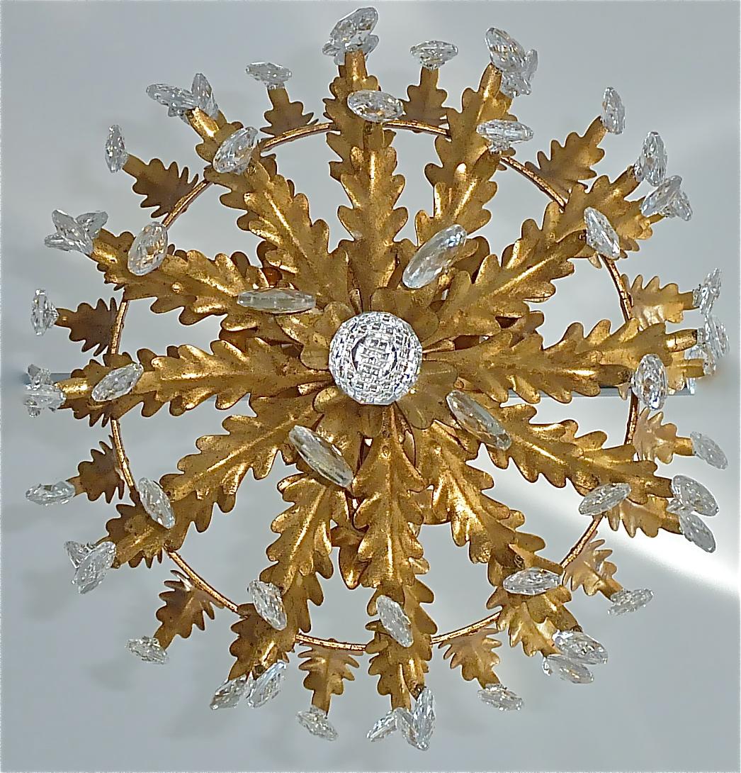 Gilt Italian Leaf Flush Mount Chandelier Crystal Glass Kogl Jansen Style 1950s 1