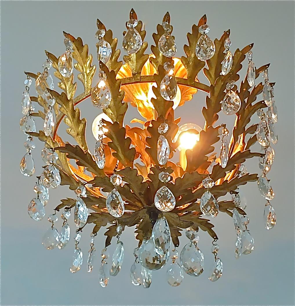 Gilt Italian Leaf Flush Mount Chandelier Crystal Glass Kogl Jansen Style 1950s 2
