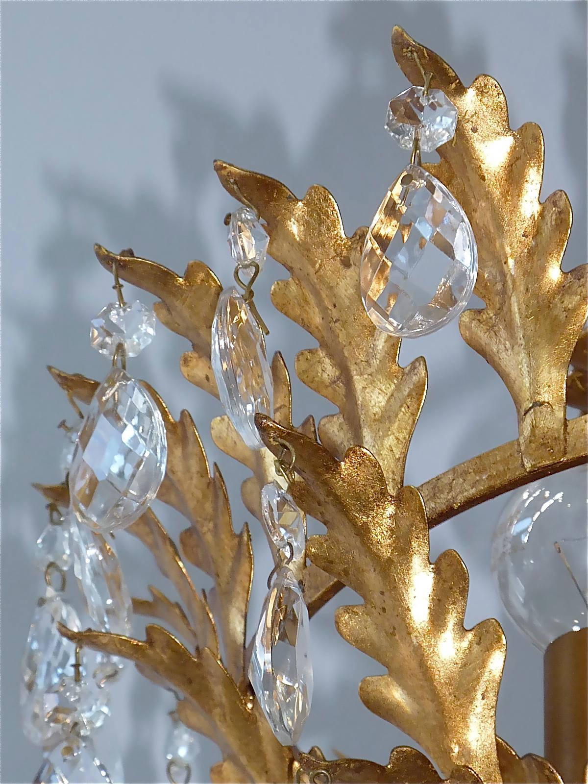Gilt Italian Leaf Flush Mount Chandelier Crystal Glass Kogl Jansen Style 1950s 3