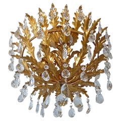 Gilt Italian Leaf Flush Mount Chandelier Crystal Glass Kogl Jansen Style 1950s