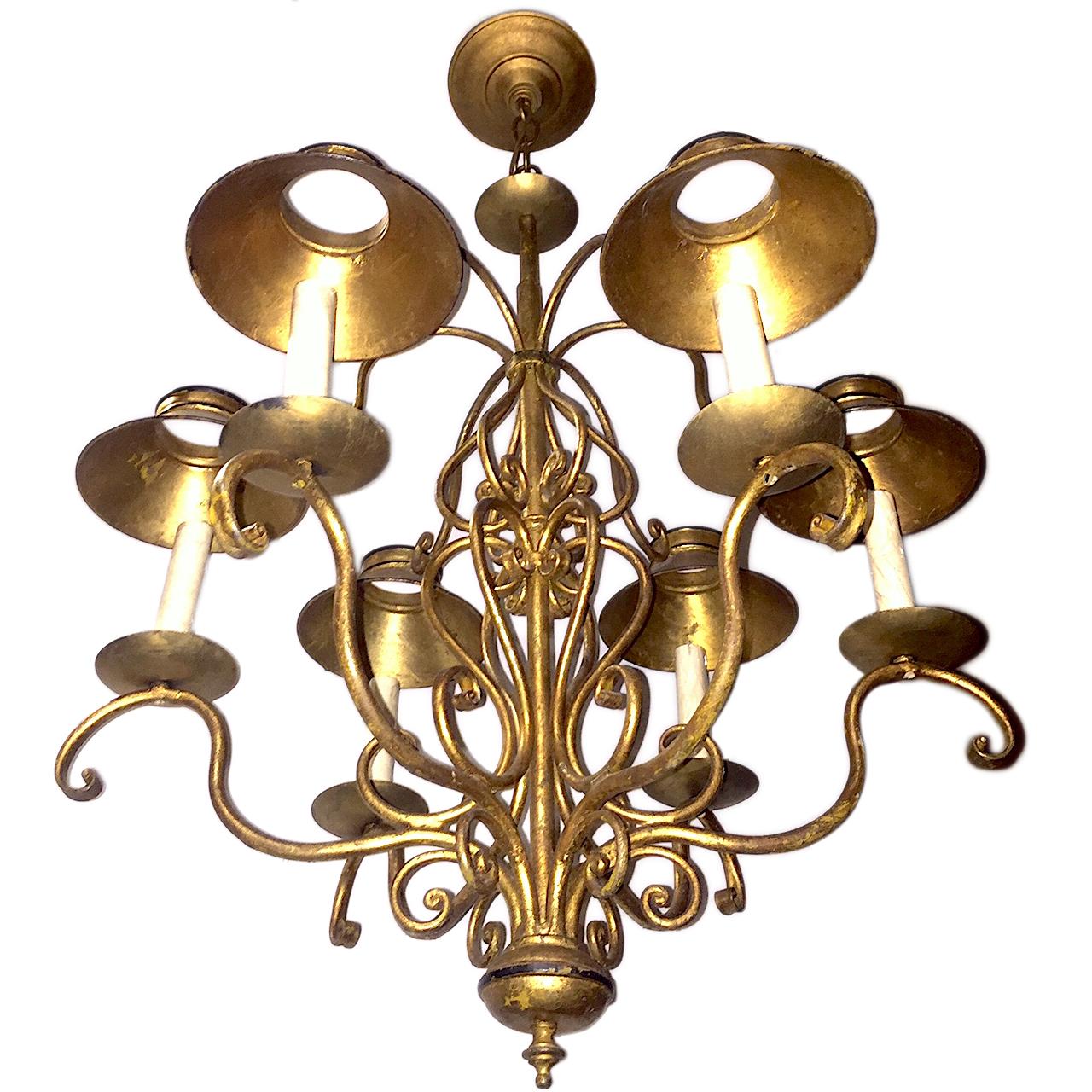 A circa 1940s Italian gilt metal six-light chandelier with shades.
Measurements:
Height of body 26.25