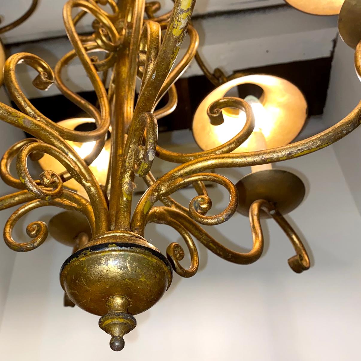 Gilt Italian Tole Chandelier with Shades In Good Condition For Sale In New York, NY