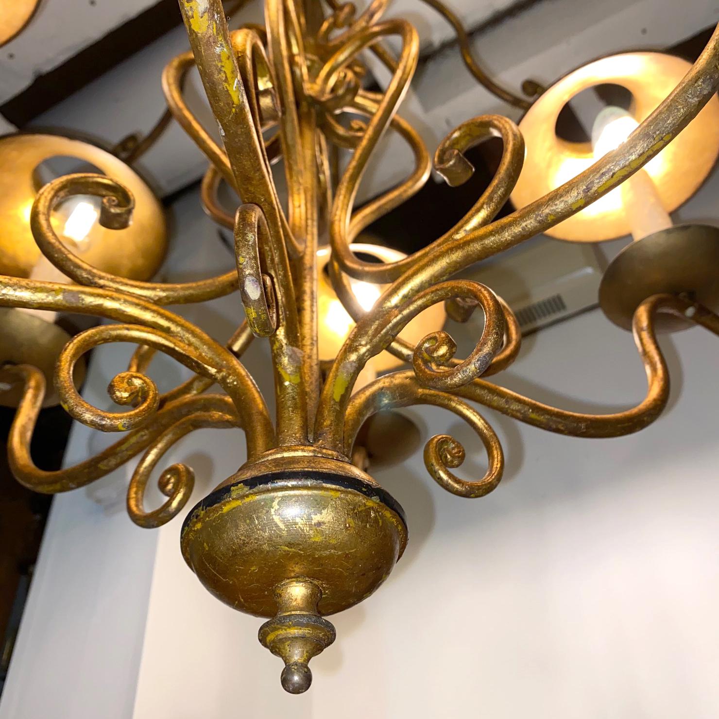 Mid-20th Century Gilt Italian Tole Chandelier with Shades For Sale