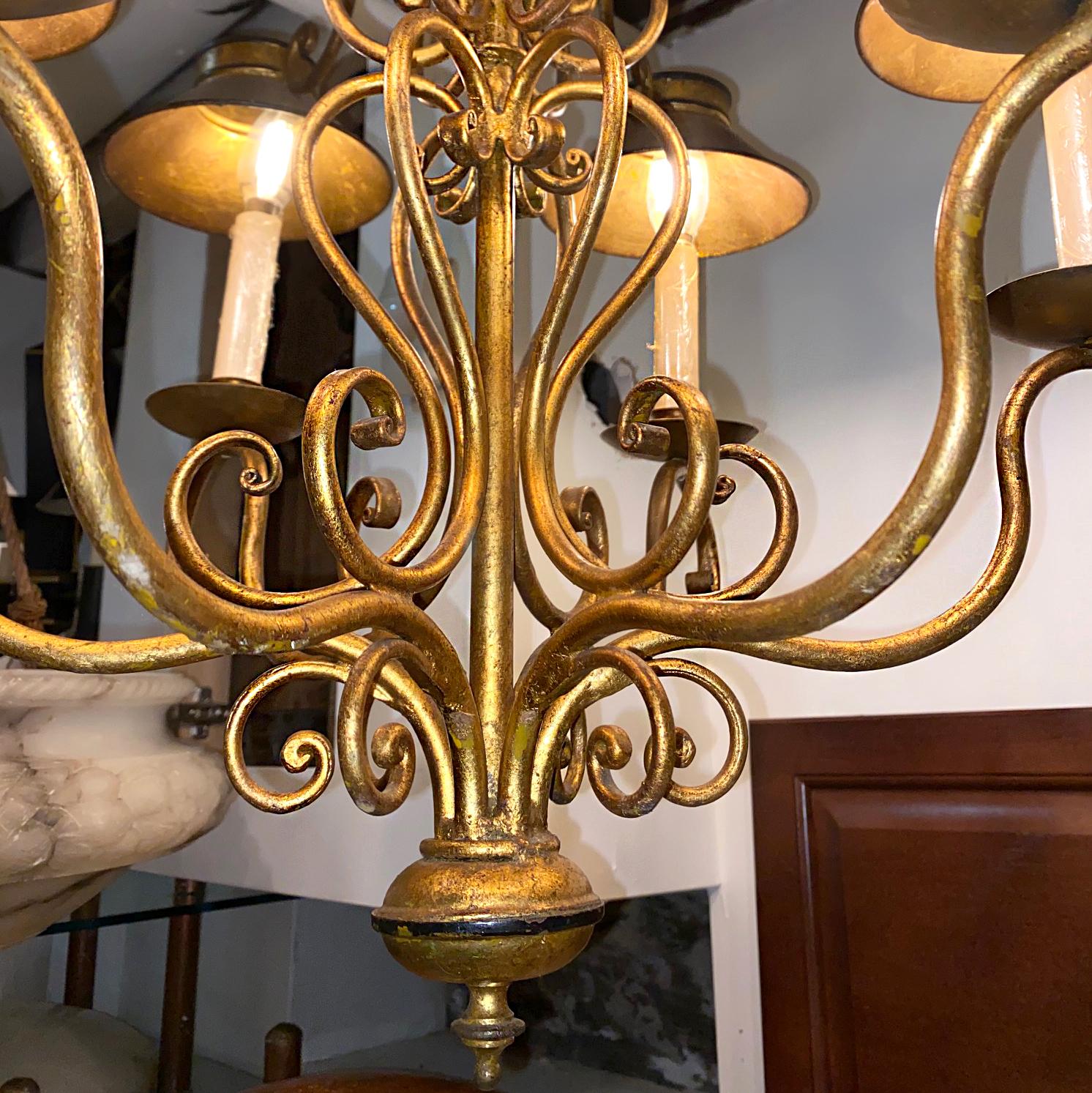 Metal Gilt Italian Tole Chandelier with Shades For Sale