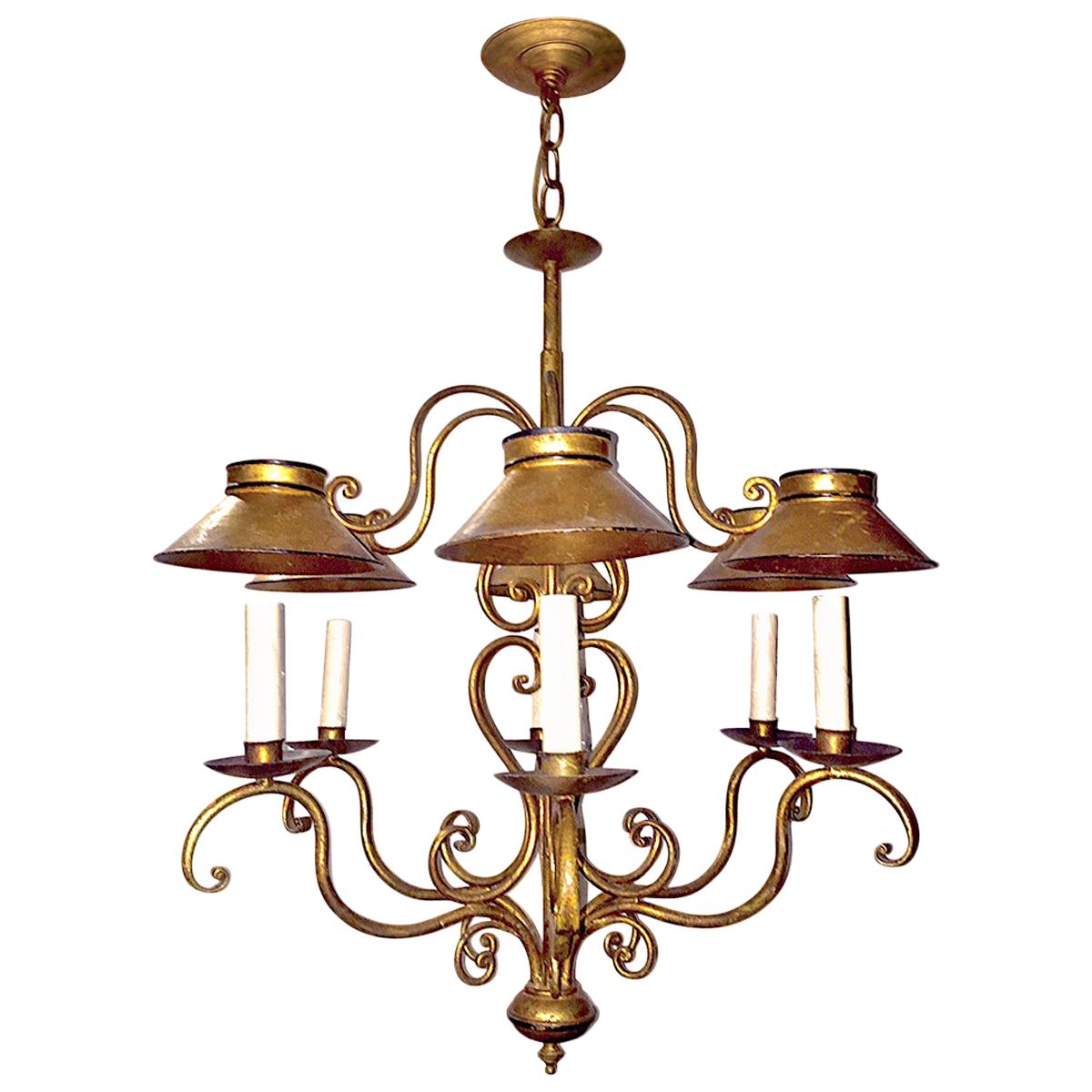 Gilt Italian Tole Chandelier with Shades For Sale