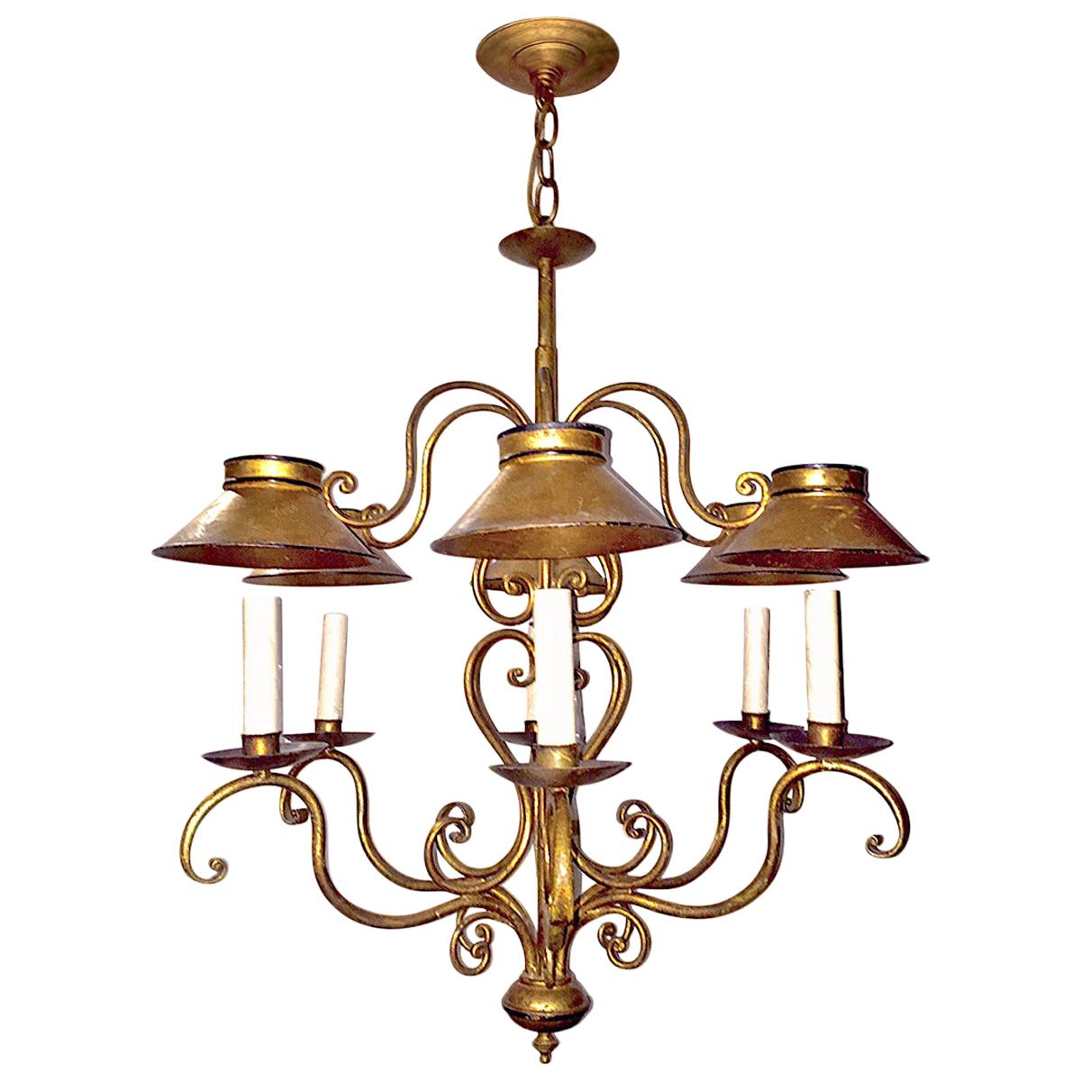 Gilt Italian Tole Chandelier with Shades