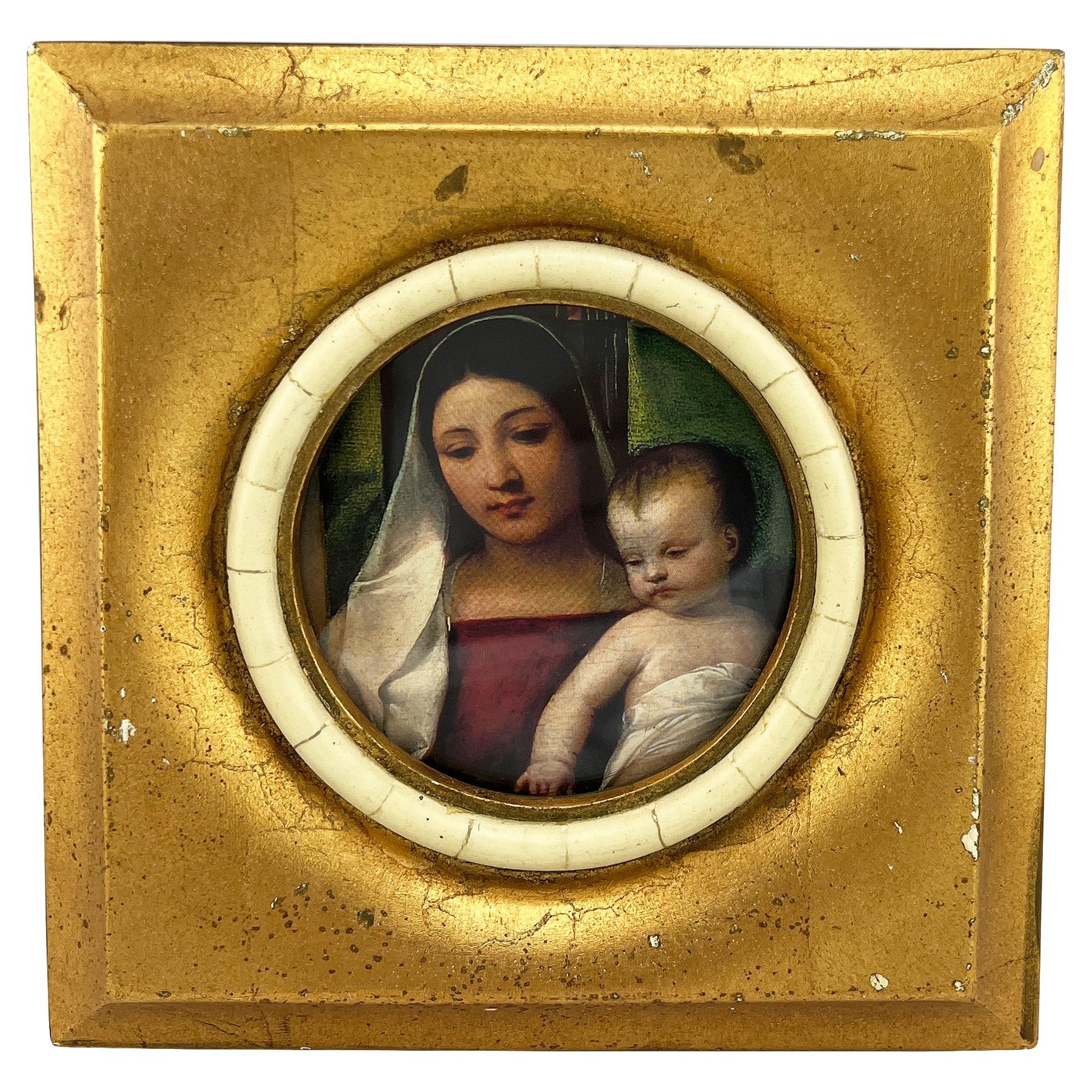 Gilt Italianate Picture Frame with Stone Liner and Madonna and Child Print For Sale