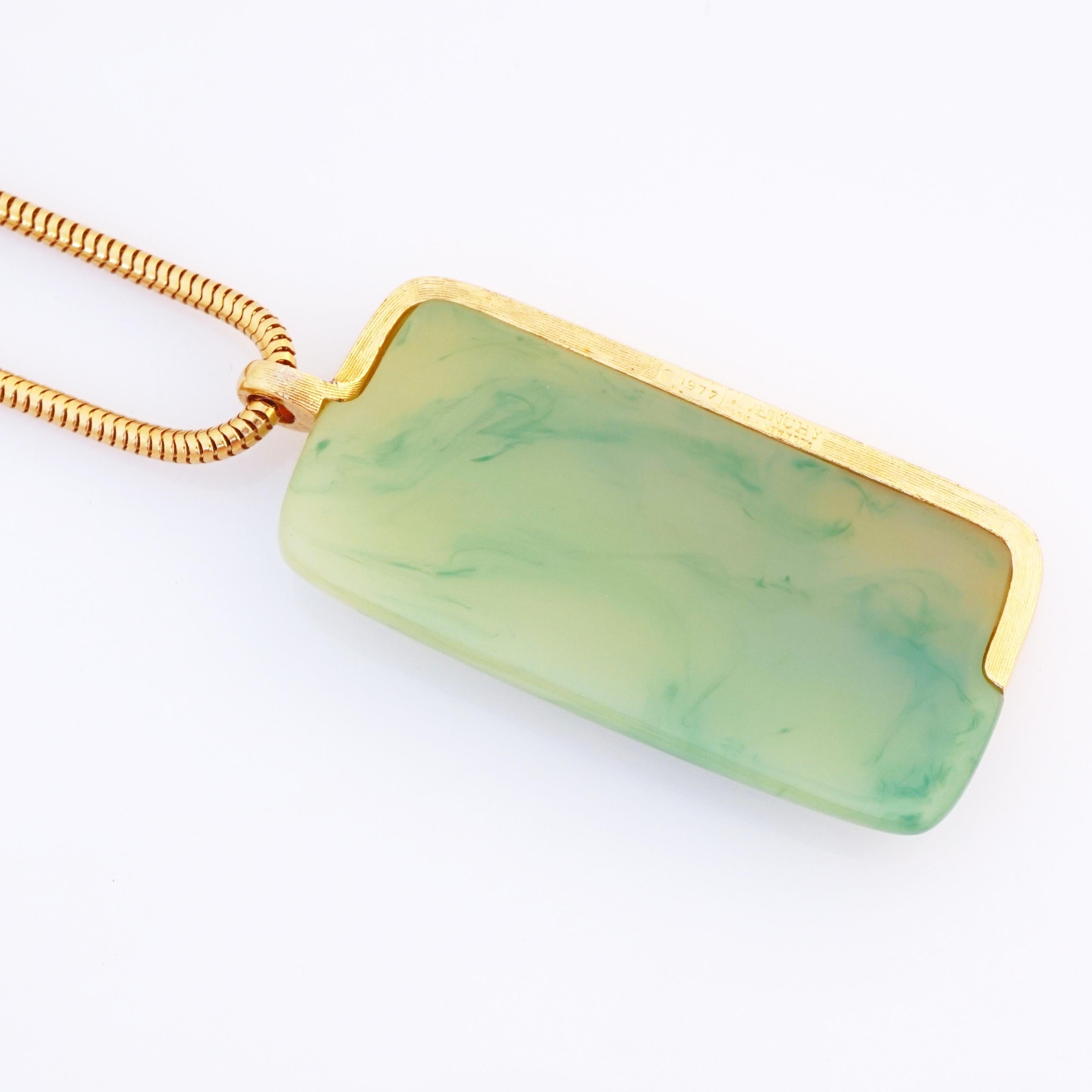 Women's Gilt & Jade Lucite Logo Pendant Necklace By Givenchy, 1970s For Sale