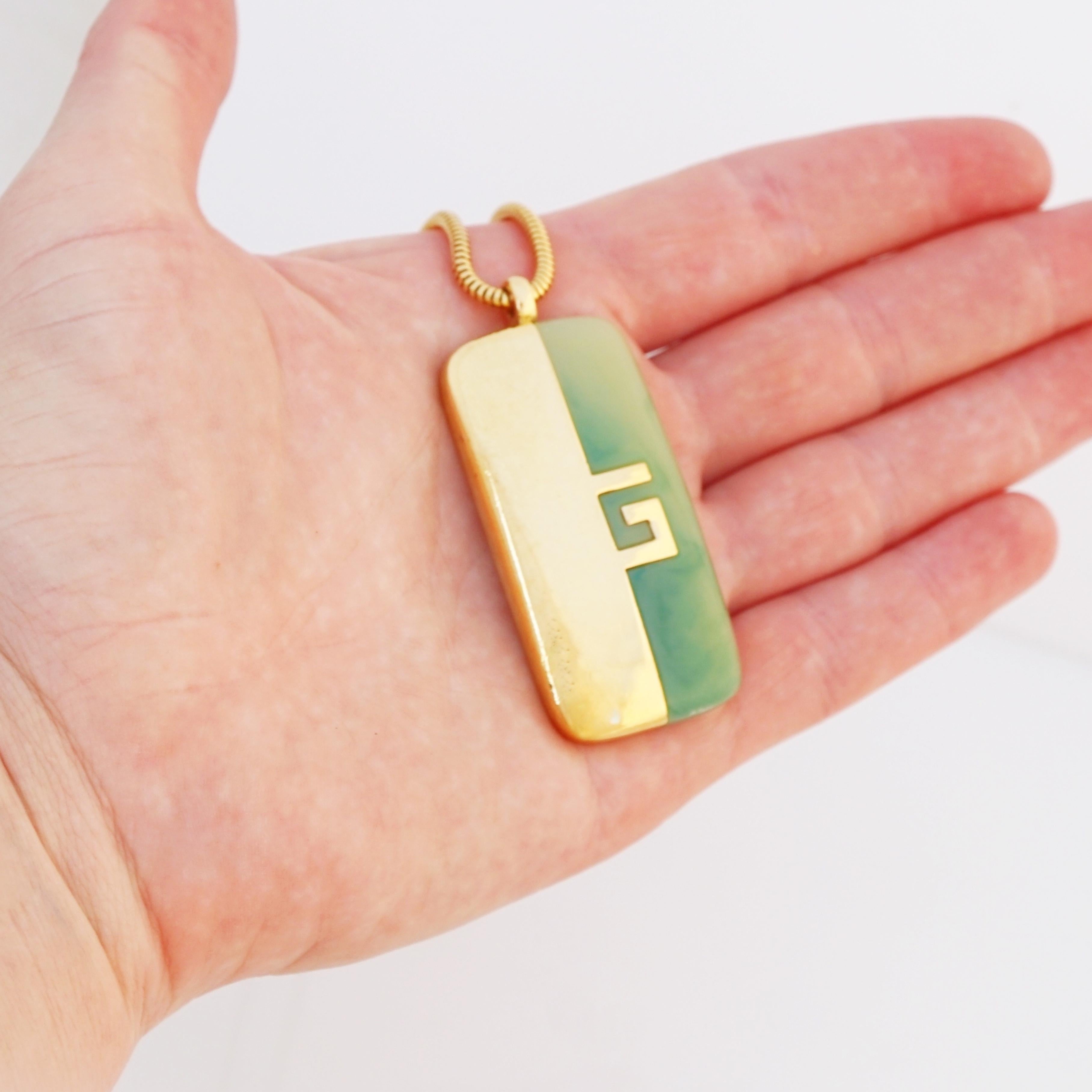 Gilt & Jade Lucite Logo Pendant Necklace By Givenchy, 1970s For Sale 2