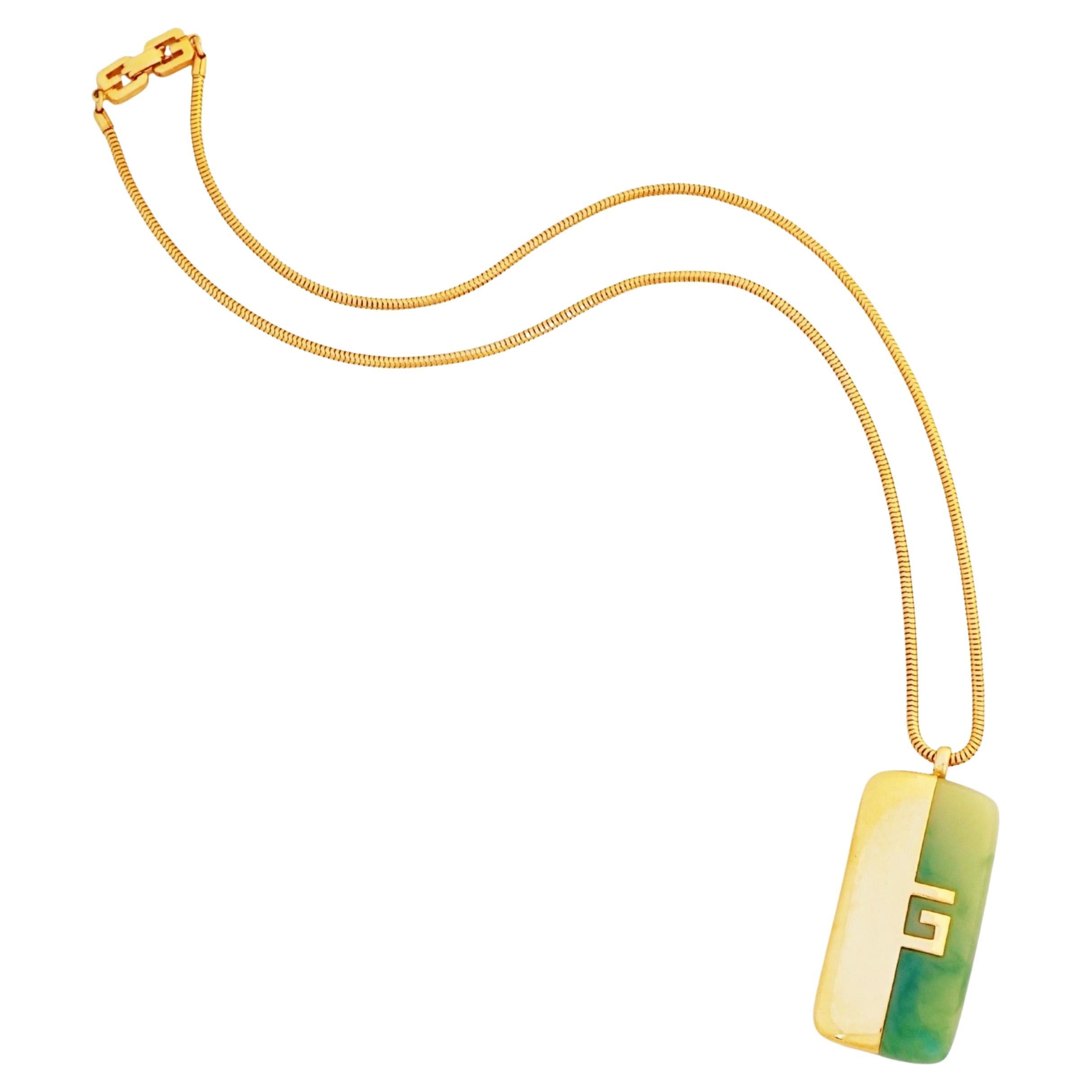 Gilt & Jade Lucite Logo Pendant Necklace By Givenchy, 1970s For Sale