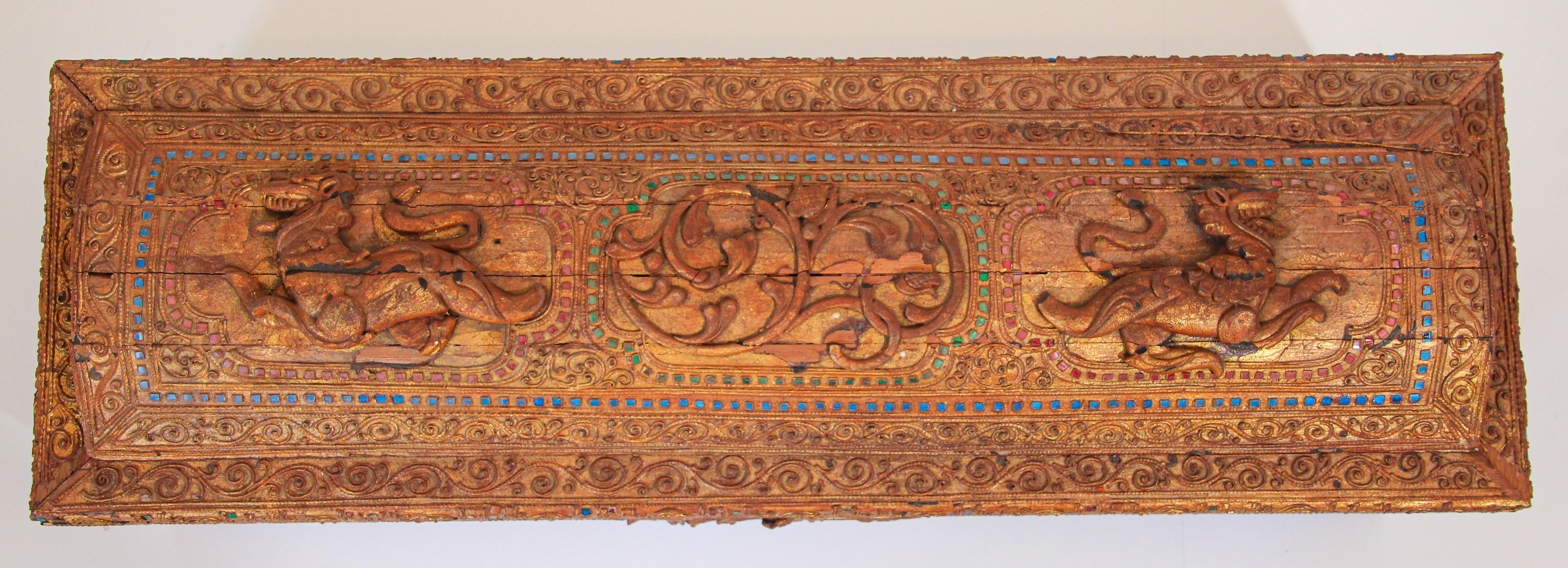 Gilt Lacquer Wood Manuscript Storage Box Burma 19th Century In Fair Condition For Sale In North Hollywood, CA