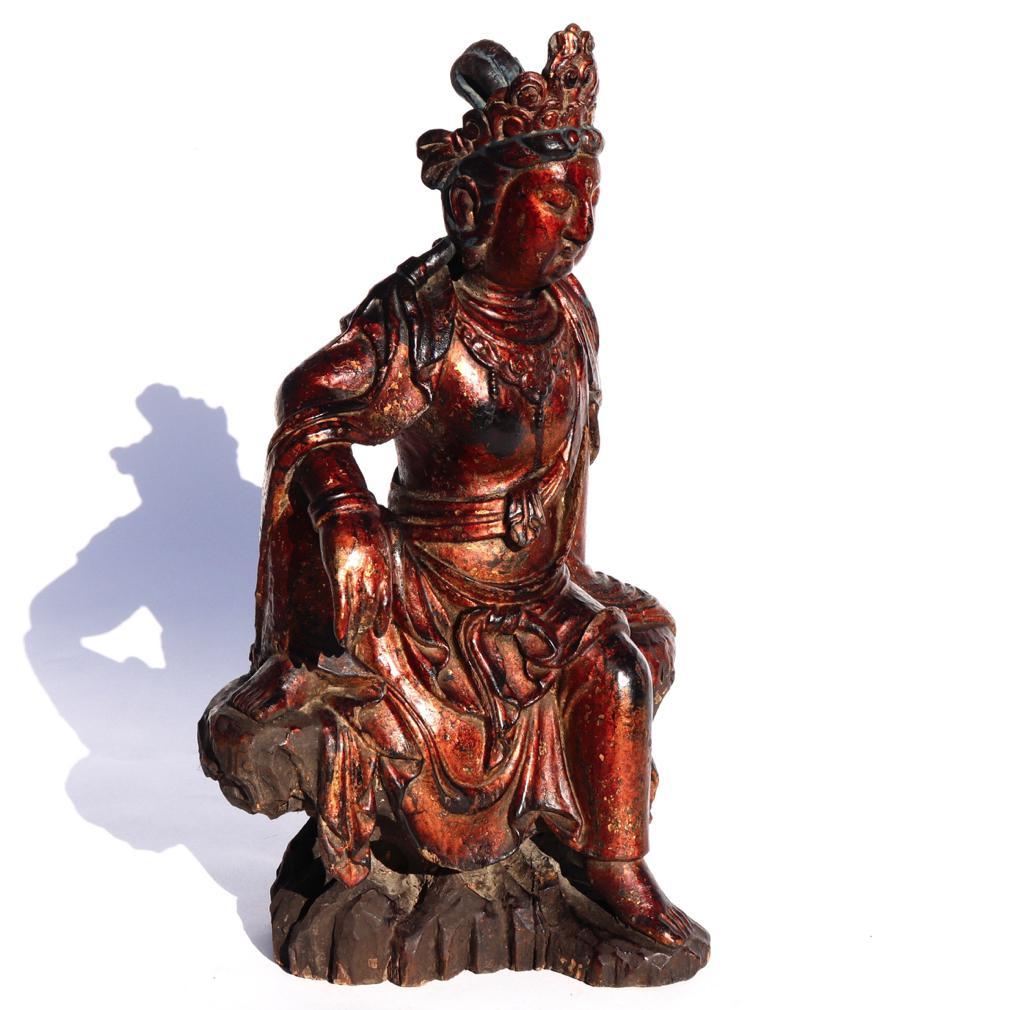 18th Century and Earlier Gilt Lacquered Wood Figure of Guanyin, Ming Dynasty (1368-1644)